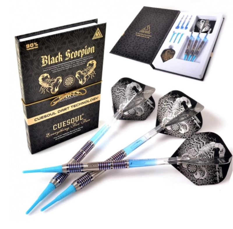 9. CUESOUL Black Scorpion 18g Tungsten Soft Tip Dart Set with Blue Titanium Coated Finish