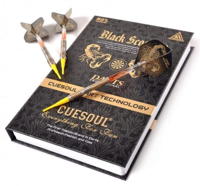9. CUESOUL Black Scorpion 18g Tungsten Soft Tip Dart Set with Gold Titanium Coated Finish