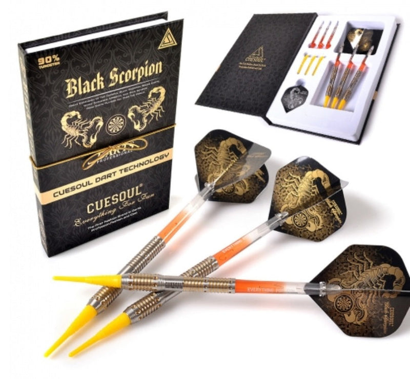 9. CUESOUL Black Scorpion 18g Tungsten Soft Tip Dart Set with Gold Titanium Coated Finish