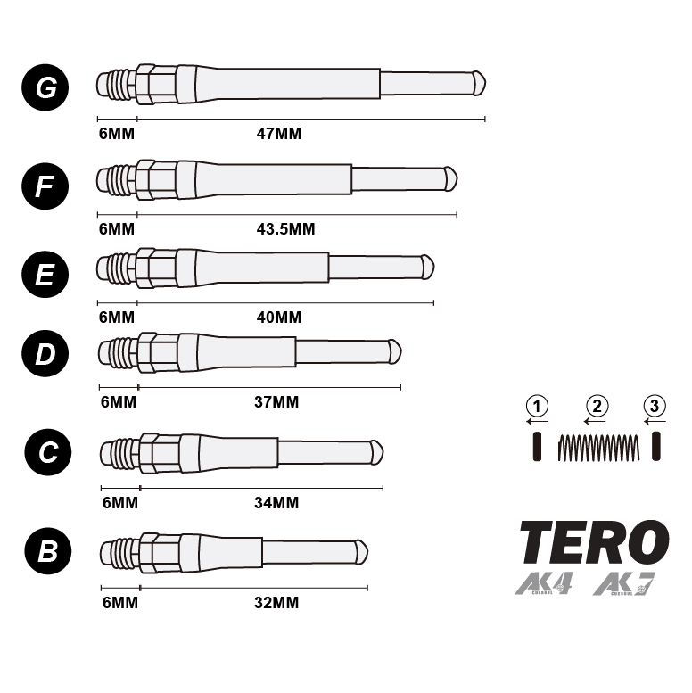 5. CUESOUL TERO AK7 빌트인 스프링 텔레스코픽 다트 샤프트, 그레이디언트 컬러, 4 피스 세트